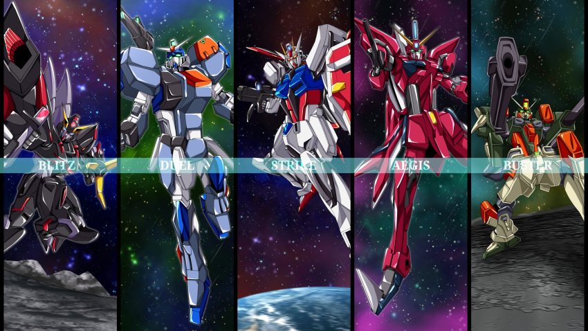aegis_gundam aile_strike_gundam blitz_gundam blue_eyes buster_gundam character_name commentary duel_gundam earth_(planet) english_commentary glowing glowing_eyes green_eyes gundam gundam_seed gundrass highres holding holding_weapon mecha mecha_focus mobile_suit no_humans planet robot science_fiction space v-fin weapon yellow_eyes zaft_(gundam)