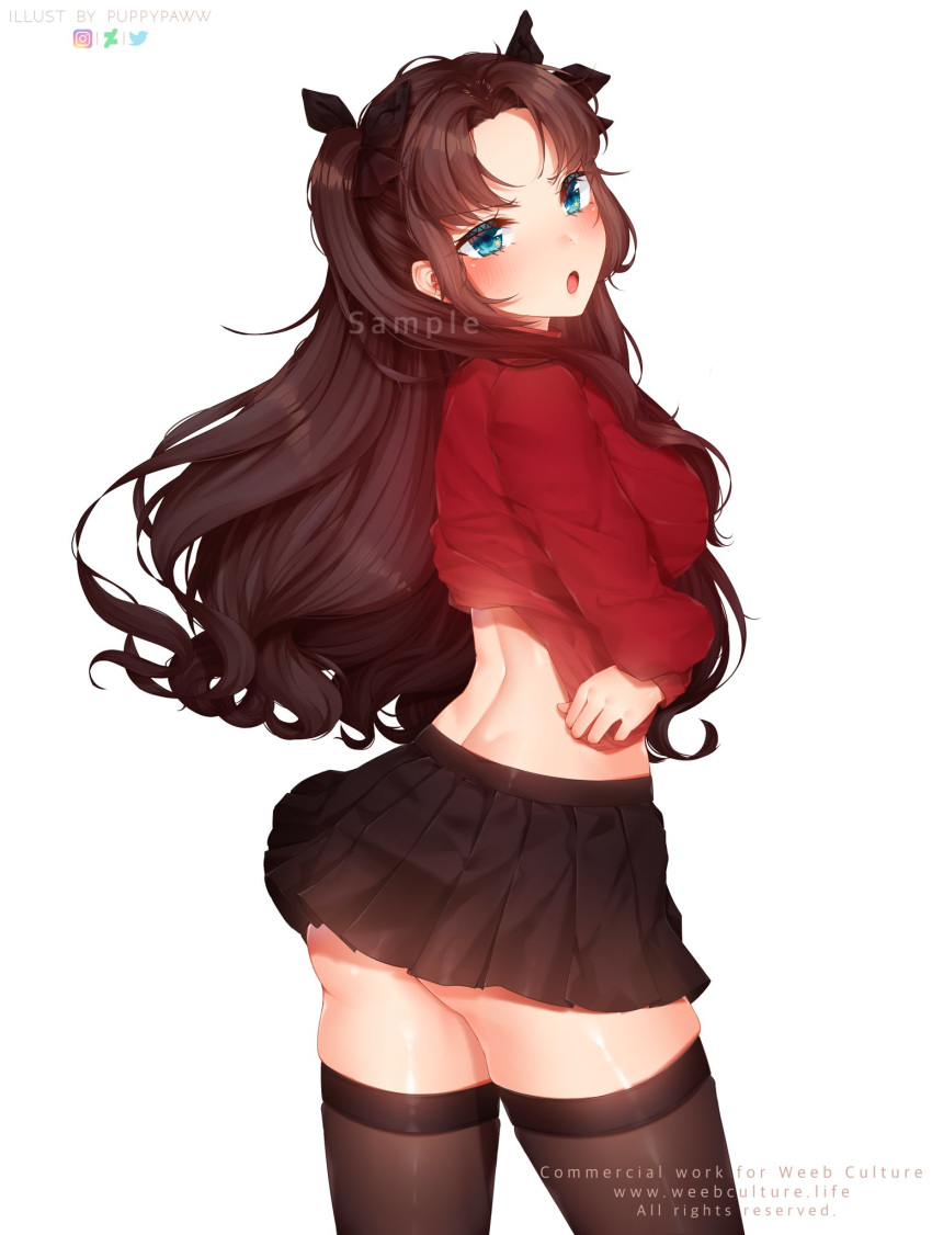 1girl artist_name ass bangs black_hair black_legwear black_skirt blue_eyes breasts commentary commission deviantart_logo fate/stay_night fate_(series) highres instagram_logo large_breasts long_hair long_sleeves looking_at_viewer open_mouth puppypaww ribbon sample shirt_lift simple_background skirt solo thighhighs toosaka_rin twitter_logo two_side_up watermark web_address white_background