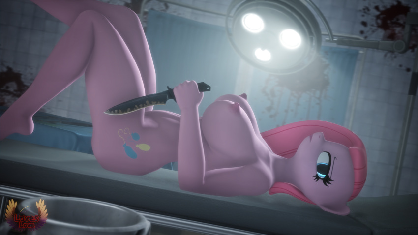 16:9 4k absurd_res anthro anthrofied big_breasts breasts equid equine female friendship_is_magic hasbro hi_res holding_object knife loveslove lying mammal my_little_pony nipples on_back pink_body pinkamena_(mlp) pinkie_pie_(mlp) solo widescreen