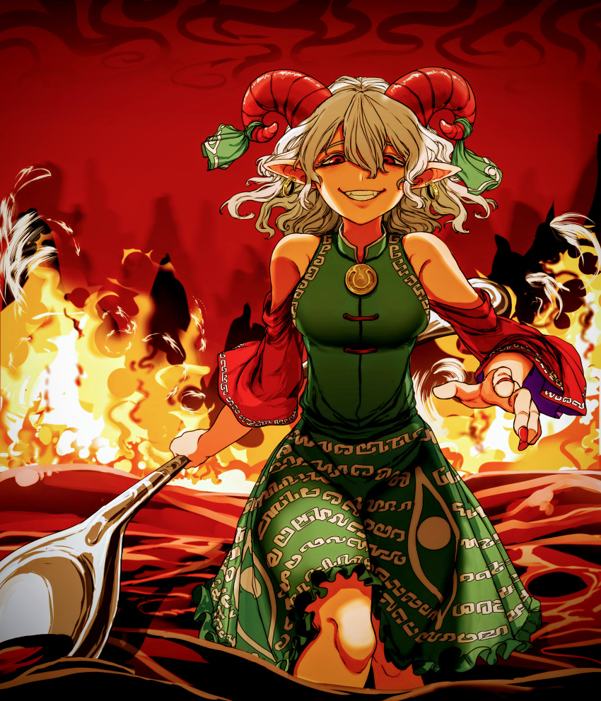 1girl absurdres bangs bare_shoulders breasts closed_mouth dress earrings eyebrows_visible_through_hair fire ghostship55 green_dress green_ribbon grey_hair hair_between_eyes hand_up highres horns jewelry long_sleeves looking_at_viewer medium_breasts off-shoulder_dress off_shoulder pointy_ears red_background red_eyes red_nails ribbon short_hair smile solo standing teeth touhou toutetsu_yuuma utensil weapon wide_sleeves