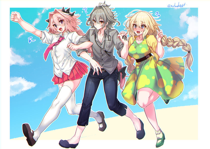 1girl 2boys ? artist_name astolfo_(fate) belt belt_buckle blonde_hair blush braid breasts buckle cloud collarbone commentary_request dress eyebrows_visible_through_hair eyes_visible_through_hair fate/apocrypha fate/grand_order fate_(series) flying_sweatdrops full_body grey_hair hair_between_eyes haoro highlights highres holding_hands jeanne_d'arc_(fate) jeanne_d'arc_(fate)_(all) jewelry large_breasts locked_arms long_hair looking_at_another looking_at_viewer multicolored_hair multiple_boys musical_note necklace necktie open_mouth otoko_no_ko pants pink_hair purple_eyes shoes short_sleeves sieg_(fate/apocrypha) skirt sky standing teeth thighhighs tongue twin_braids twitter_username two-tone_hair watermark white_hair zettai_ryouiki