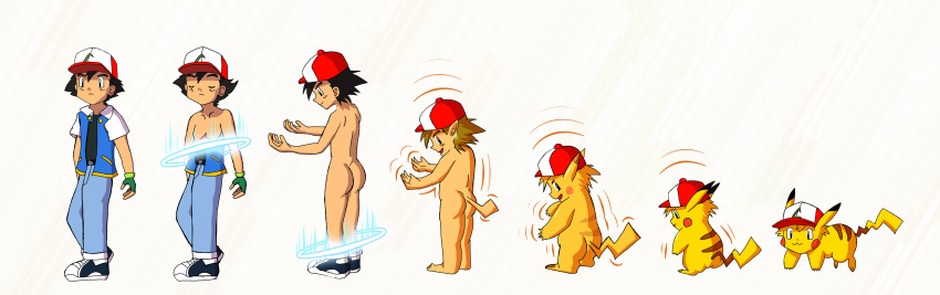 absurd_res anthro arcade1x11 ash_ketchum ashchu clothing feral fur hair hat headgear headwear hi_res human looking_at_viewer male mammal nintendo nude open_mouth pikachu pok&eacute;mon pok&eacute;mon_(species) rodent simple_background solo transformation video_games yellow_body yellow_fur