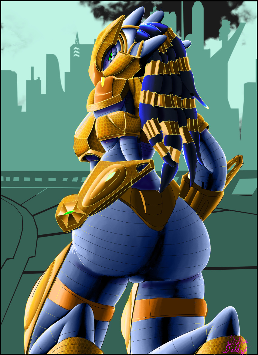 absurd_res alien alien_humanoid armor blue_body blue_hair butt digital_media_(artwork) female green_eyes hair hi_res humanoid muscular muscular_female muscular_humanoid science_fiction simple_background sk8th solo wide_hips