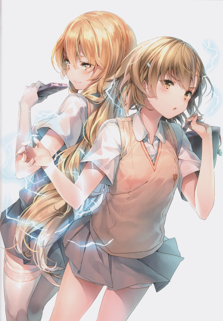 2girls absurdres back-to-back blonde_hair blush brown_eyes brown_hair controller dsmile electricity gloves hair_ornament hairclip highres huge_filesize long_hair looking_at_viewer misaka_mikoto multiple_girls remote_control scan school_uniform shiny shiny_hair shokuhou_misaki short_hair shorts shorts_under_skirt skirt smile sweater_vest symbol-shaped_pupils thighhighs to_aru_kagaku_no_railgun to_aru_majutsu_no_index white_legwear yellow_eyes zettai_ryouiki