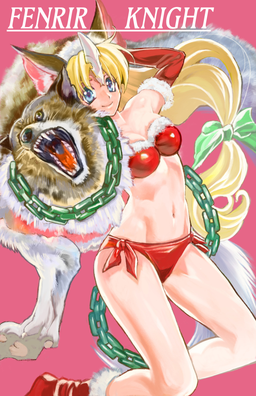 1girl animal_ear_fluff animal_ears blonde_hair blue_eyes boots bow bra chain closed_mouth elbow_gloves fake_animal_ears fenrir_knight fox_ears fur-trimmed_boots fur-trimmed_bra fur-trimmed_gloves fur_trim gloves green_bow groin hair_bow highres horns kuma-san long_hair looking_at_viewer navel panties pink_background ponytail red_bra red_footwear red_gloves red_panties seiken_densetsu seiken_densetsu_3 side-tie_panties single_horn smile solo strapless strapless_bra underwear underwear_only very_long_hair