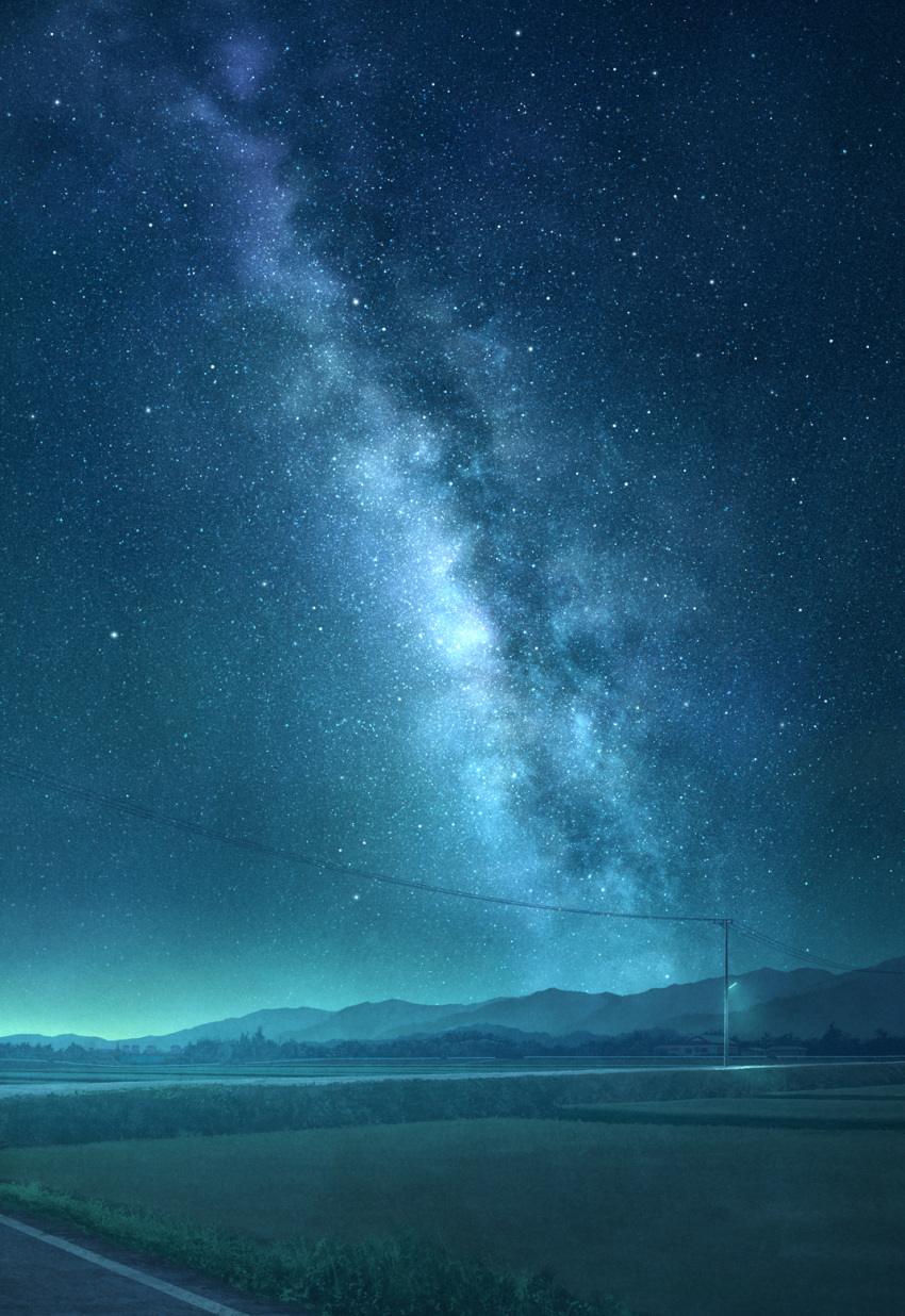 blue_sky blue_theme field grass highres milky_way mks night night_sky no_humans original outdoors power_lines road scenery sky star_(sky) starry_sky telephone_pole