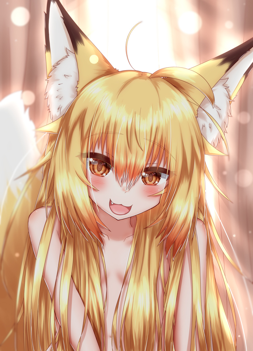 2020 ahoge animal_humanoid blonde_hair blush brown_body brown_fur canid canid_humanoid canine canine_humanoid convenient_censorship curtains cute_fangs day dipstick_ears dipstick_tail female flat_chested fluffy fluffy_tail fox_humanoid fur glistening glistening_hair hair half-closed_eyes half-length_portrait hi_res horokusa0519 humanoid inner_ear_fluff inside light long_hair looking_at_viewer mammal mammal_humanoid multicolored_ears multicolored_tail narrowed_eyes navel nude open_mouth portrait pupils slit_pupils solo tongue translucent translucent_hair tuft white_body white_fur yellow_body yellow_eyes yellow_fur