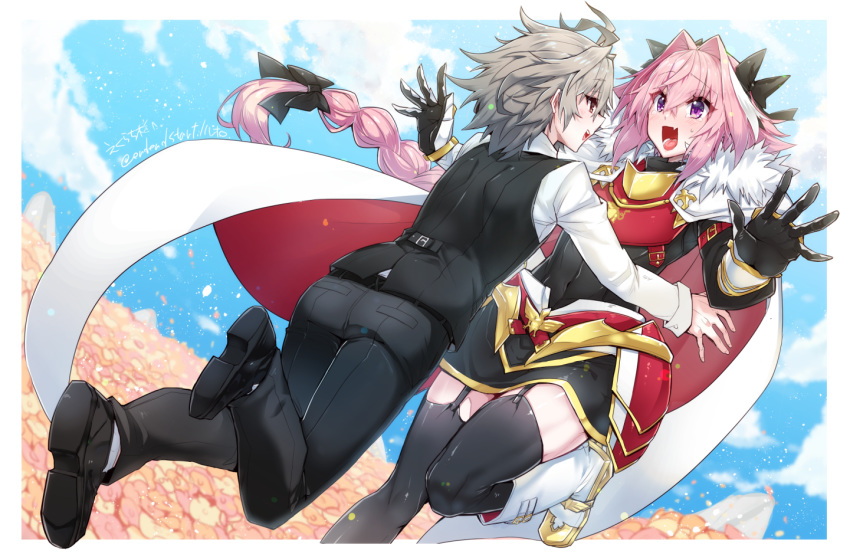 2boys astolfo_(fate) boots commentary_request covered_navel eyebrows_visible_through_hair eyes_visible_through_hair fang fate/grand_order fate_(series) gauntlets haoro long_hair multiple_boys open_mouth otoko_no_ko pants pink_hair purple_hair sieg_(fate/apocrypha) skin_fang thighhighs tongue zettai_ryouiki