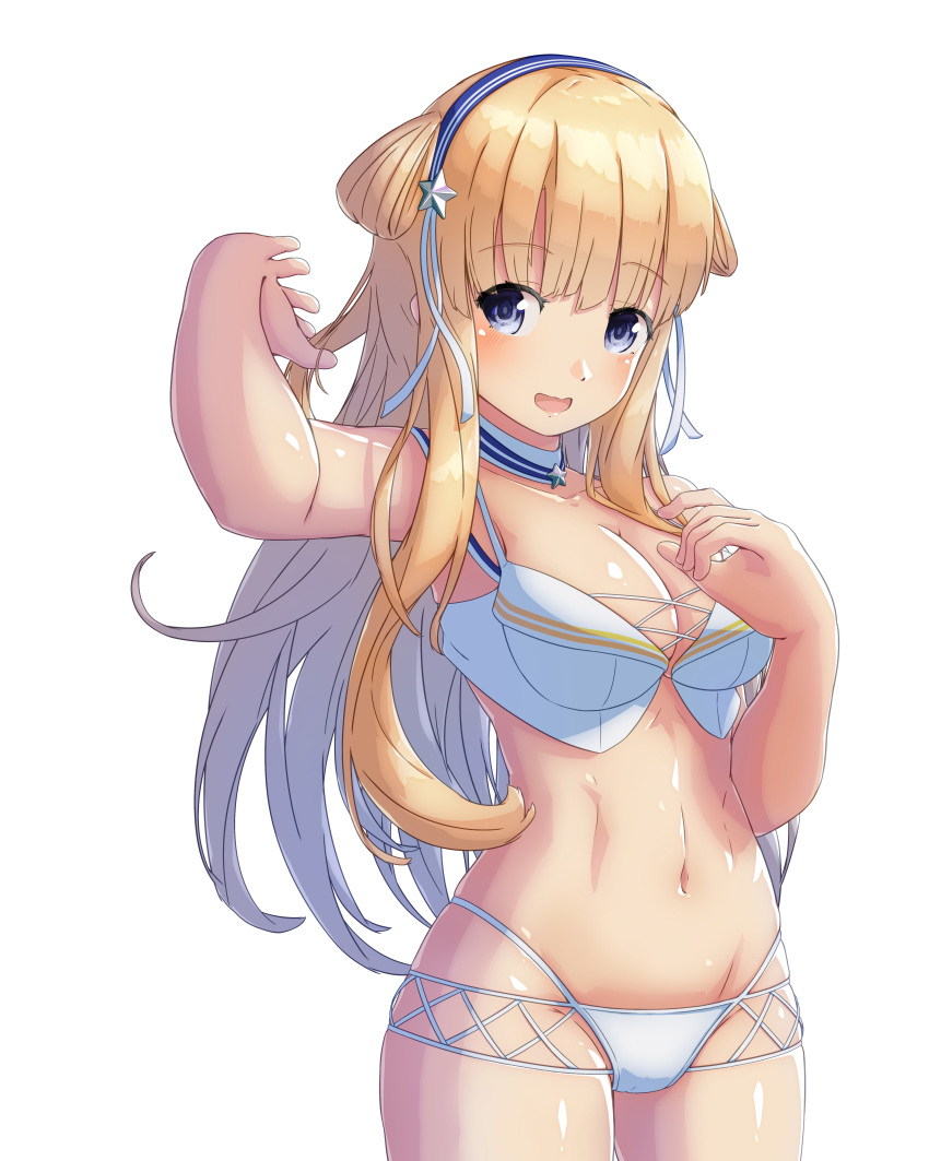 1girl absurdres arthur_ko bikini blonde_hair blue_eyes blue_hair breasts cleavage collarbone cowboy_shot double_bun fletcher_(kantai_collection) hair_ornament hairband highres kantai_collection large_breasts long_hair looking_at_viewer remodel_(kantai_collection) simple_background solo standing star_(symbol) star_hair_ornament swimsuit white_background white_bikini