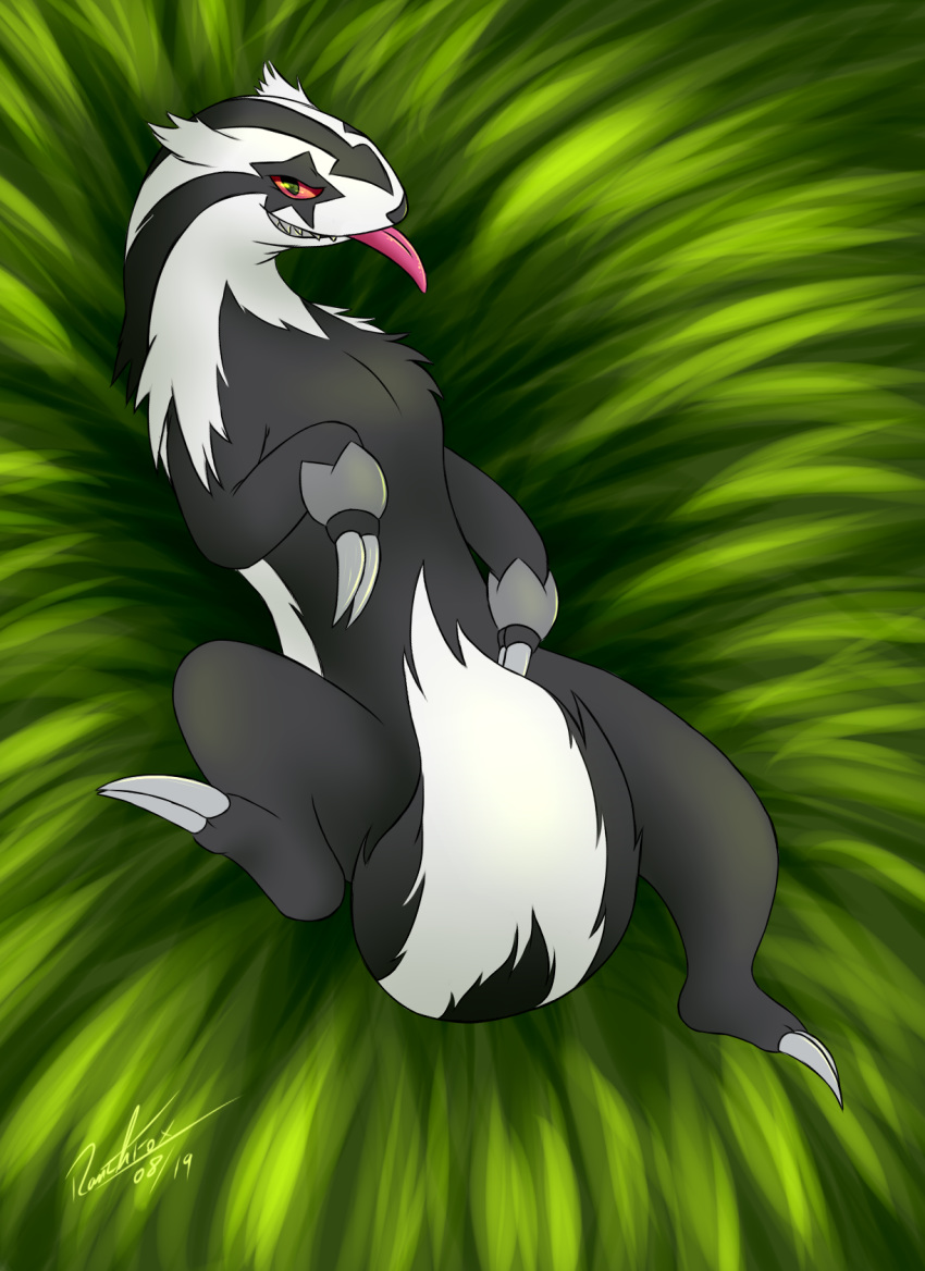 2019 ambiguous_gender covering covering_crotch detailed_background feral fluffy fluffy_tail fur galarian_linoone grey_body grey_fur hi_res looking_at_viewer lying nintendo on_back pok&eacute;mon pok&eacute;mon_(species) ranthfox regional_form_(pok&eacute;mon) semi-anthro sharp_teeth solo spread_legs spreading teeth tongue tongue_out video_games