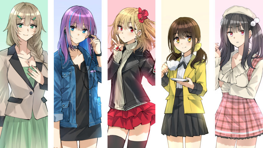 5girls black_hair black_skirt blue_eyes blue_hair blue_jacket brown_hair collar commentary_request cup earbuds earphones earrings green_eyes gyaru highres holding holding_cup holding_earphones holding_saucer jacket jewelry leather leather_jacket multicolored_hair multiple_girls nail_polish office_lady original pendant pink_eyes purple_hair red_eyes red_nails red_skirt saucer school_uniform single_earphone_removed skirt somechime_(sometime1209) streaked_hair tagme teacup yellow_eyes yellow_jacket