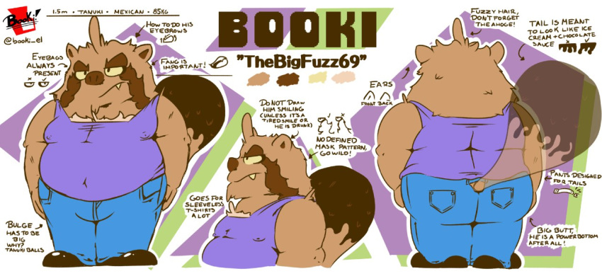 2020 anthro belly brown_body brown_fur butt canid canine clothing el_booki english_text fur male mammal model_sheet overweight overweight_anthro overweight_male raccoon_dog shirt solo tanuki text topwear