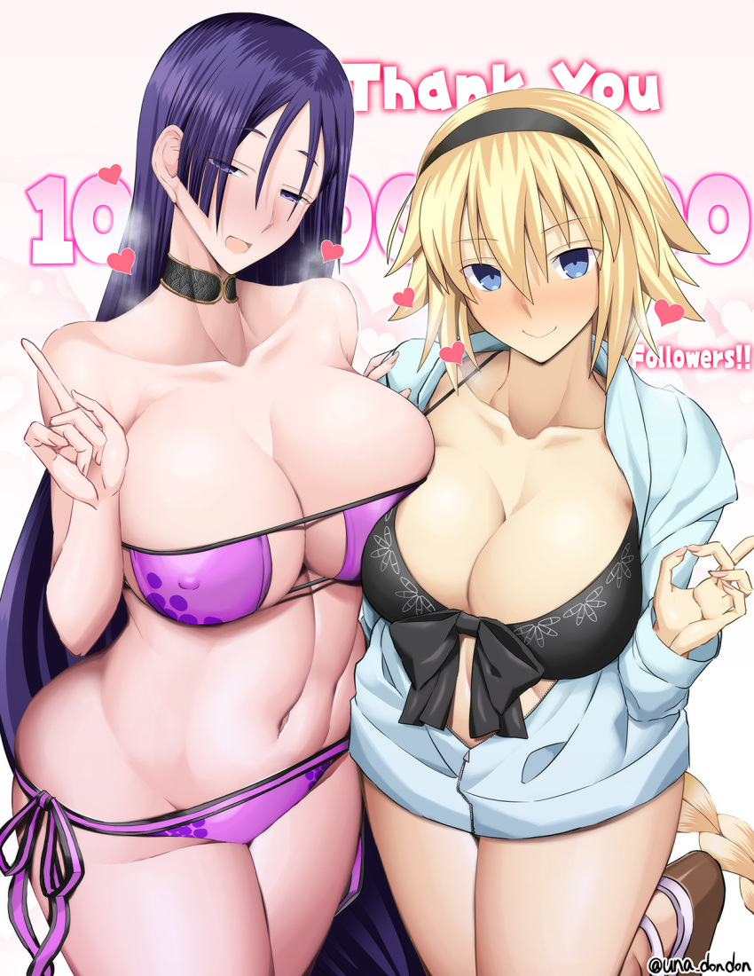 2girls bangs bare_shoulders blonde_hair blue_eyes blunt_bangs blush braid braided_ponytail breasts choker cleavage collarbone cowboy_shot eyebrows_visible_through_hair eyes_visible_through_hair fate/grand_order fate_(series) hair_between_eyes highres jeanne_d'arc_(fate)_(all) jeanne_d'arc_(swimsuit_archer) large_breasts long_hair midriff minamoto_no_raikou_(fate/grand_order) minamoto_no_raikou_(swimsuit_lancer)_(fate) multiple_girls navel purple_eyes purple_hair simple_background sleeveless smile stomach unadon very_long_hair white_background