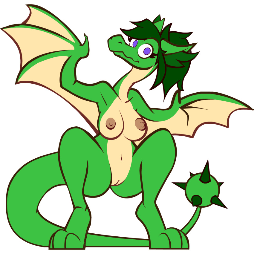 1:1 anthro big_breasts biped breasts butt crouching digital_media_(artwork) dragon female feral genitals green_body green_hair green_scales hair hi_res korykobold long_ears long_hair long_tail looking_at_viewer membrane_(anatomy) membranous_wings multicolored_body navel nipples no_shading non-mammal_breasts nude purple_eyes pussy reptile scales scalie simple_background smile solo spiked_tail spikes spikes_(anatomy) two_tone_body white_background wings wyvern xanphur