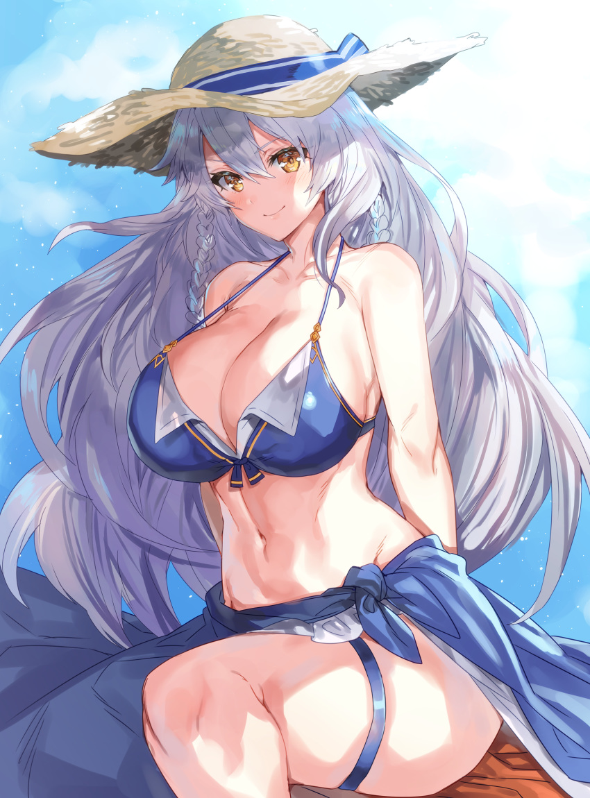 1girl bikini bikini_top blue_sky braid breasts cleavage cloud collarbone eno_yukimi granblue_fantasy hat highres large_breasts long_hair looking_at_viewer midriff navel sarong silva_(granblue_fantasy) silver_hair sky smile solo straw_hat swimsuit thick_thighs thighs twin_braids yellow_eyes