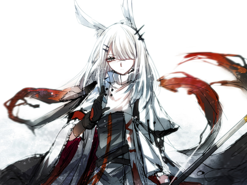 1girl animal_ears arknights blizzard bunny_ears bunny_girl cloak facial_scar frostnova_(arknights) frown gloves hair_ornament hair_over_one_eye hairclip highres holding long_sleeves looking_at_hand nga_(artist) scar silver_eyes slit_pupils solo upper_body white_background white_hair wind