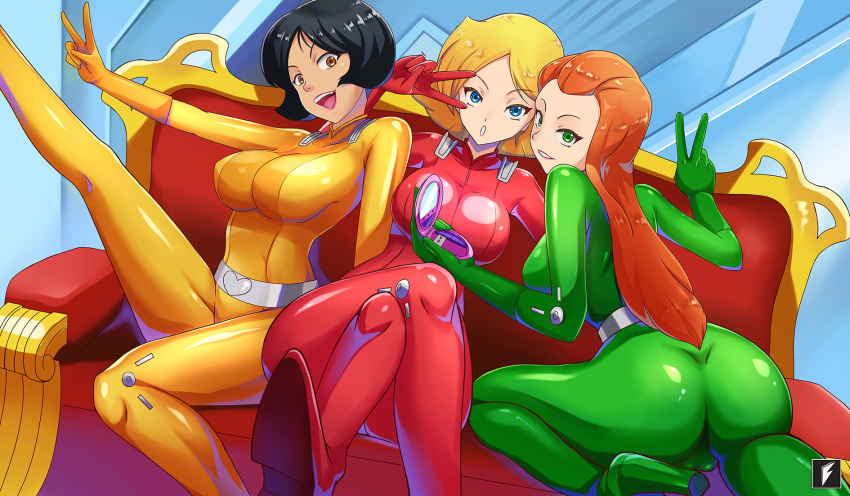 3girls alex_(totally_spies) black_hair blonde_hair blue_eyes bodysuit breasts cameltoe catsuit clover_(totally_spies) couch dark_skin gloves green_bodysuit green_eyes green_gloves highres indoors large_breasts latex long_hair looking_at_viewer multiple_girls on_couch orange_hair red_bodysuit sam_(totally_spies) sitting skin_tight smile teng_zhai_zi totally_spies yellow_bodysuit yellow_eyes