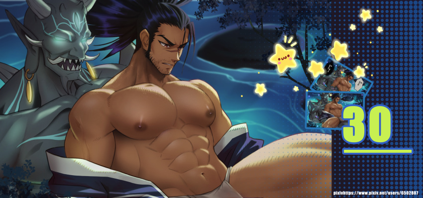 2boys abs bara black_hair brown_eyes chest creature f_jun fundoshi glowing glowing_eyes highres imminent_sex japanese_clothes league_of_legends long_hair male_focus multiple_boys muscle nipples pectorals ponytail scar shirtless smile undressing yaoi yasuo_(league_of_legends)