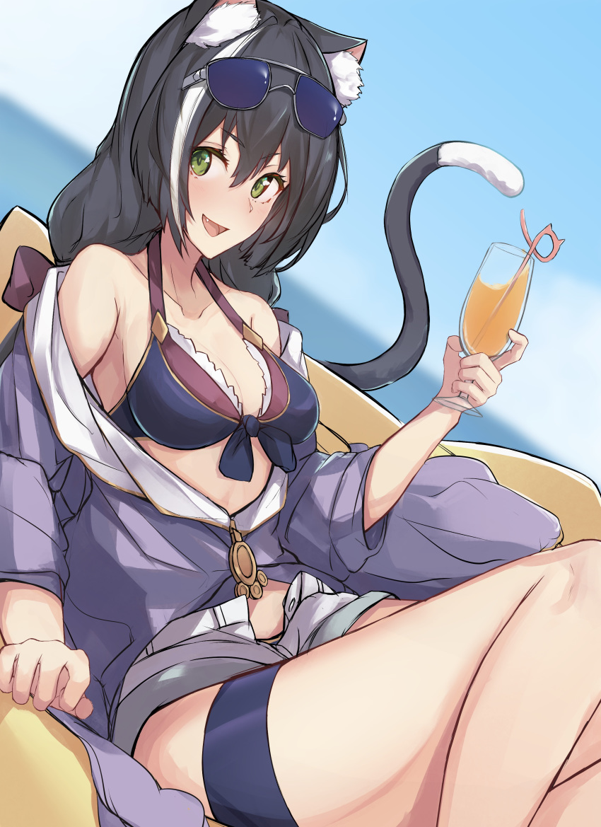 1girl absurdres animal_ear_fluff animal_ears bangs bare_shoulders bikini black_bikini black_hair blush breasts cat_ears cat_girl cat_tail cleavage collarbone eyewear_on_head green_eyes highres innertube_with_ears jacket karyl_(princess_connect!) long_hair long_sleeves looking_at_viewer low_twintails medium_breasts multicolored_hair nanakaku open_mouth princess_connect! princess_connect!_re:dive purple_jacket shorts sitting smile streaked_hair swimsuit tail thighs twintails white_hair white_shorts