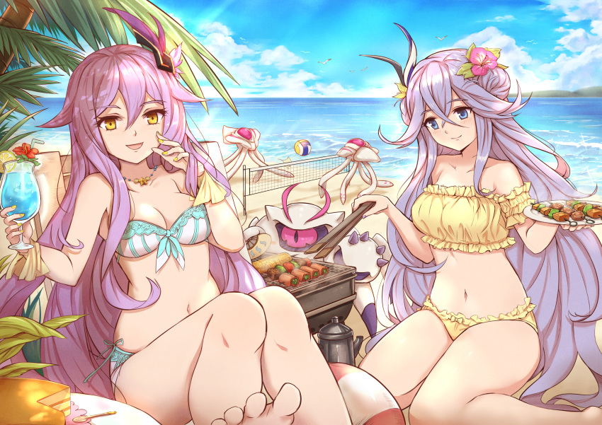 2girls bangs bare_shoulders beach beach_volleyball benares_(honkai_impact) bikini bird blue_eyes blue_sky breasts cake cloud crossed_bangs cup day feathers flower food frilled_bikini frills front-tie_bikini front-tie_top grill grilling hair_between_eyes hair_feathers hair_flower hair_ornament highres holding holding_cup honkai_(series) honkai_impact_3rd horizon innertube jewelry kebab light_rays long_hair looking_at_viewer meat medium_breasts monster multiple_girls navel necklace open_mouth outdoors palm_tree purple_hair sand seagull side-tie_bikini silver_hair sirin sitting skewer sky smile swimsuit tree very_long_hair volleyball volleyball_net yellow_bikini yellow_eyes yellow_nails yougen_kitsune