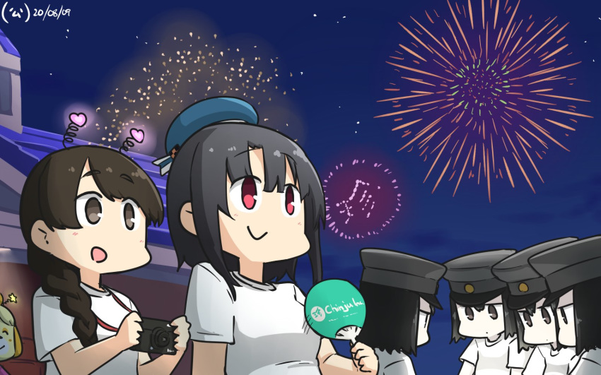 6+girls akitsu_maru_(kantai_collection) alternate_costume black_eyes black_hair black_headwear braid brown_eyes brown_hair camera commentary_request crossover dated doubutsu_no_mori fan fireworks hair_over_shoulder hamu_koutarou hat highres kantai_collection long_hair multiple_girls multiple_persona night night_sky paper_fan peaked_cap red_eyes shirt shizue_(doubutsu_no_mori) short_hair single_braid sky star_(sky) starry_sky t-shirt takao_(kantai_collection) uchiwa upper_body uranami_(kantai_collection) white_shirt