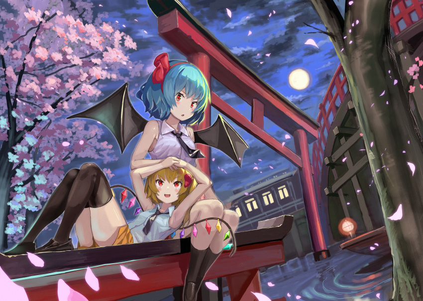 2girls :o absurdres alternate_costume armpits bangs bat_wings black_footwear black_legwear black_neckwear blonde_hair blue_hair blush boat bridge check_commentary cherry_blossoms cloud cloudy_sky collared_shirt commentary_request crystal fang fangs flandre_scarlet full_body full_moon hair_ribbon hairband hand_on_another's_head hands_on_own_head highres holding_hand huge_filesize isemori lantern lap_pillow lavender_shirt loafers looking_up lying moon multiple_girls necktie night night_sky no_headwear on_back one_side_up open_mouth orange_shorts over-kneehighs petals petting purple_sky railing red_eyes red_hairband red_ribbon remilia_scarlet ribbon ripples shirt shoes short_hair shorts siblings sisters sitting sky sleeveless sleeveless_shirt slit_pupils socks thighhighs torii touhou tree v-shaped_eyebrows water watercraft white_shirt wind wing_collar wings
