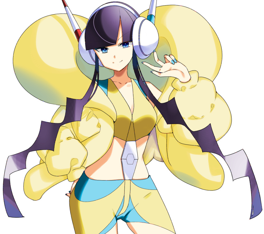 1girl bangs bare_shoulders black_hair blue_eyes blue_nails blunt_bangs closed_mouth coat collarbone commentary cowboy_shot eyebrows_visible_through_hair fur_coat gym_leader hand_on_hip hand_up headphones kamitsure_(pokemon) looking_at_viewer nail_polish pokemon pokemon_(game) pokemon_bw2 short_hair_with_long_locks simple_background smile solo w white_background yellow_coat yuihiko