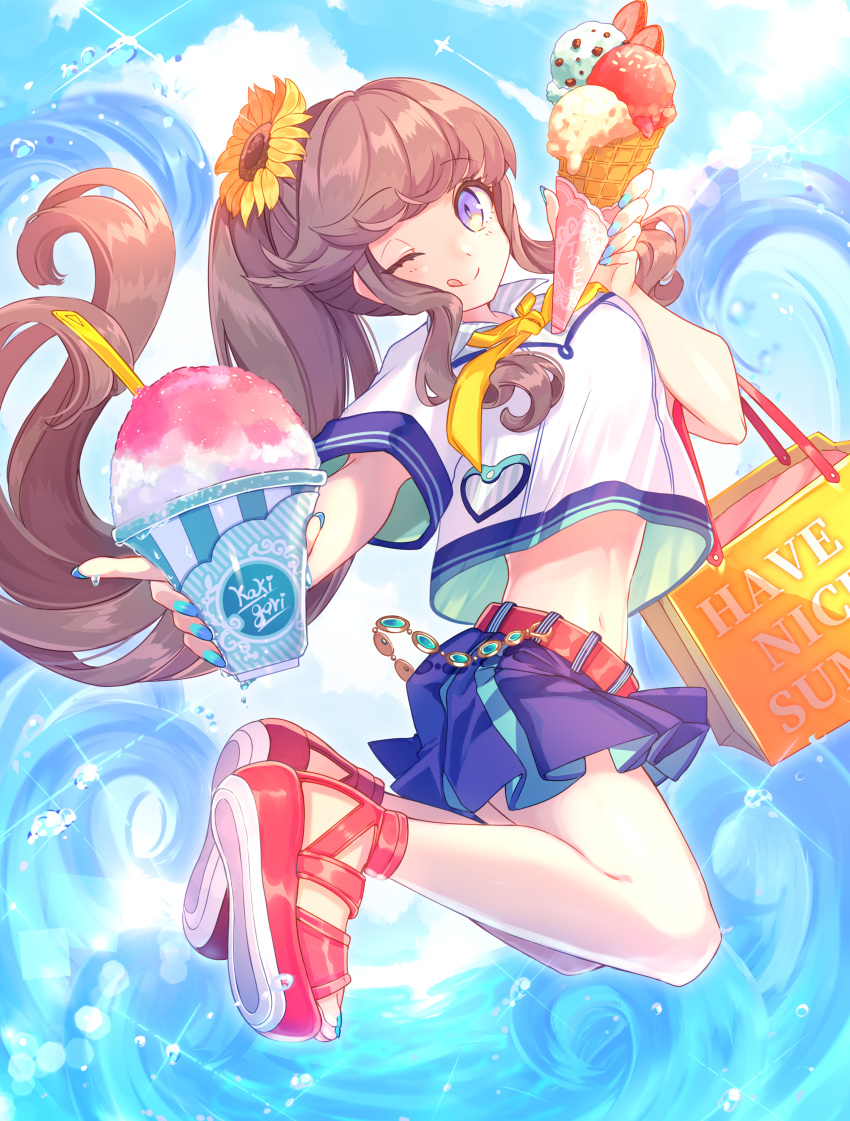 1girl :p absurdres bag brown_hair crepe flower food hair_flower hair_ornament highres holding holding_food ice_cream jumping macchoko one_eye_closed original ponytail purple_eyes school_uniform serafuku shaved_ice shirt shoes shopping_bag skirt solo summer tongue tongue_out water