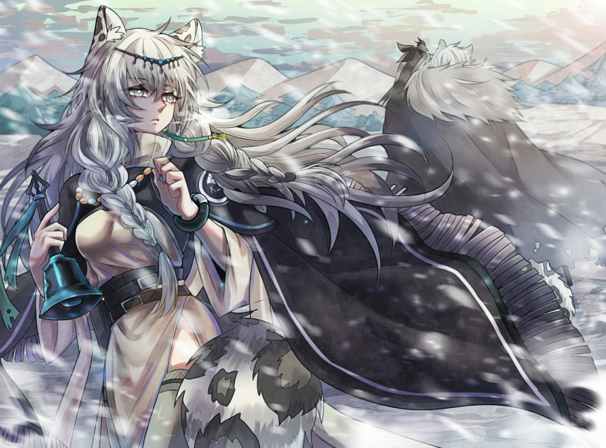 1boy 1girl animal_ear_fluff animal_ears animal_on_shoulder arknights bangs bead_necklace beads bell bird bird_on_shoulder braid breasts capelet cat_boy cat_girl circlet cloak fur_collar highres holding holding_bell jewelry leopard_ears leopard_tail medium_breasts mountainous_horizon necklace nga_(artist) parted_lips pramanix_(arknights) silver_eyes silver_hair silverash_(arknights) snow tail twin_braids wind