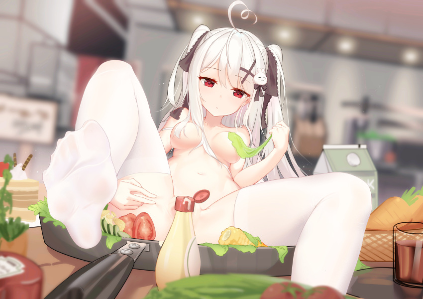 1girl absurdres ahoge bangs blush bow breasts cake cake_slice chinese_commentary collarbone convenient_censoring corn cucumber_slice drink eyebrows_visible_through_hair eyelashes feet food foreshortening glass groin hair_between_eyes hair_bow hair_ornament highres in_container ketchup_bottle leg_up lettuce long_hair looking_at_viewer lying mayonnaise mayonnaise_bottle medium_breasts milk_carton navel niliu_chahui no_shoes nude original parted_lips pov_feet presenting pussy red_eyes sidelocks silver_hair sitting soles solo spread_legs spread_pussy stomach thighhighs toenails toes tokisaki_mio tomato very_long_hair white_hair white_legwear x_hair_ornament