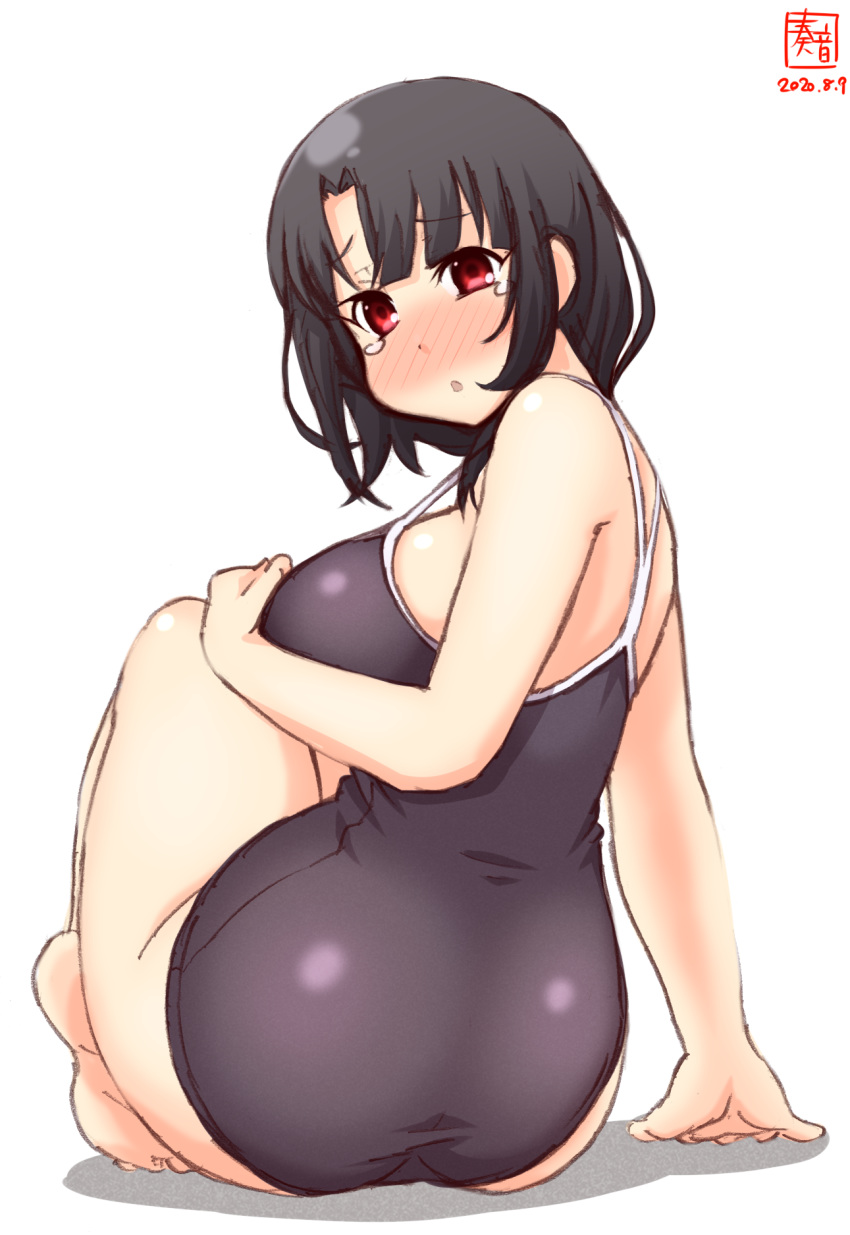 1girl artist_logo ass black_hair black_swimsuit breasts commentary_request competition_school_swimsuit curvy dated from_behind highres kanon_(kurogane_knights) kantai_collection large_breasts looking_at_viewer plump red_eyes school_swimsuit short_hair simple_background sitting solo swimsuit takao_(kantai_collection) tears white_background