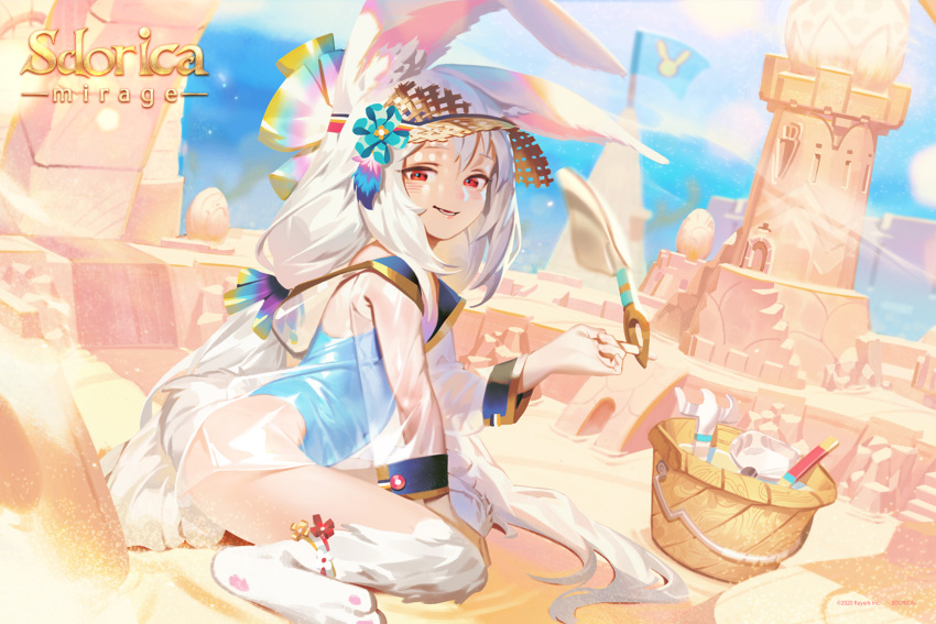 2020 5_fingers animal_humanoid beach child clothing day female fingers hair hi_res humanoid humanoid_hands lagomorph lagomorph_humanoid leah_(sdorica) leporid_humanoid long_hair mammal mammal_humanoid official_art one-piece_swimsuit rabbit_humanoid red_eyes sand_castle sculpture sdorica sdorica_sunset sea seaside sky solo swimwear unknown_artist water white_hair young