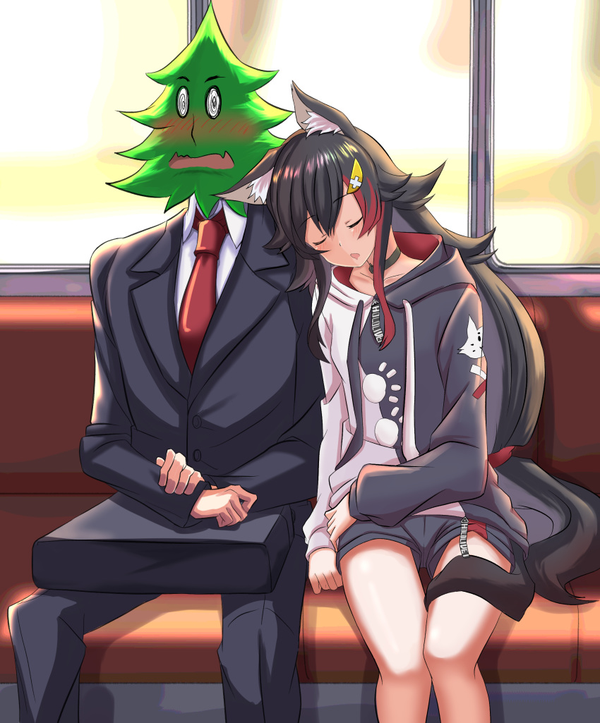 1boy 1girl absurdres animal_ears bare_legs black_hair blush briefcase formal head_on_another's_shoulder highlights highres hololive hood hood_down hoodie long_hair long_sleeves multicolored_hair necktie ookami_mio pants red_hair risian short_shorts shorts sleeping sleeping_on_person suit suit_jacket tail very_long_hair virtual_youtuber wolf_ears wolf_tail
