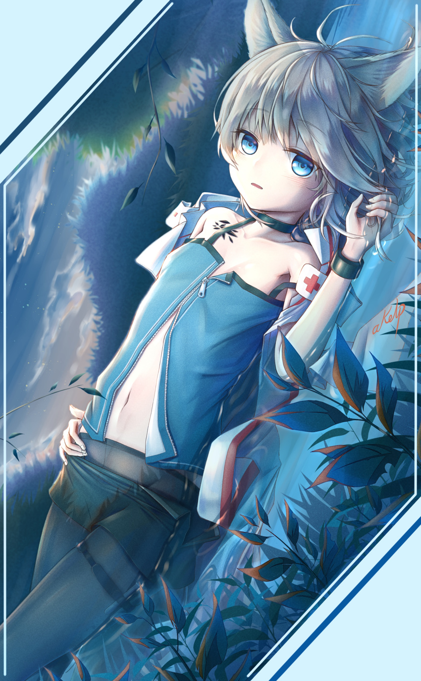 1girl 2019 absurdres akelp animal_ears arknights artist_name bare_shoulders border chinese_commentary close-up cloud cloudy_sky commentary_request eyebrows_visible_through_hair eyelashes flat_chest fox_ears fox_girl highres in_water jacket light_blue_eyes looking_at_viewer medic navel no_gloves open_mouth ore_lesion_(arknights) outdoors pantyhose parted_lips plant platinum_blonde_hair red_cross short_hair signature sky solo sussurro_(arknights) tail tree water white_border white_jacket