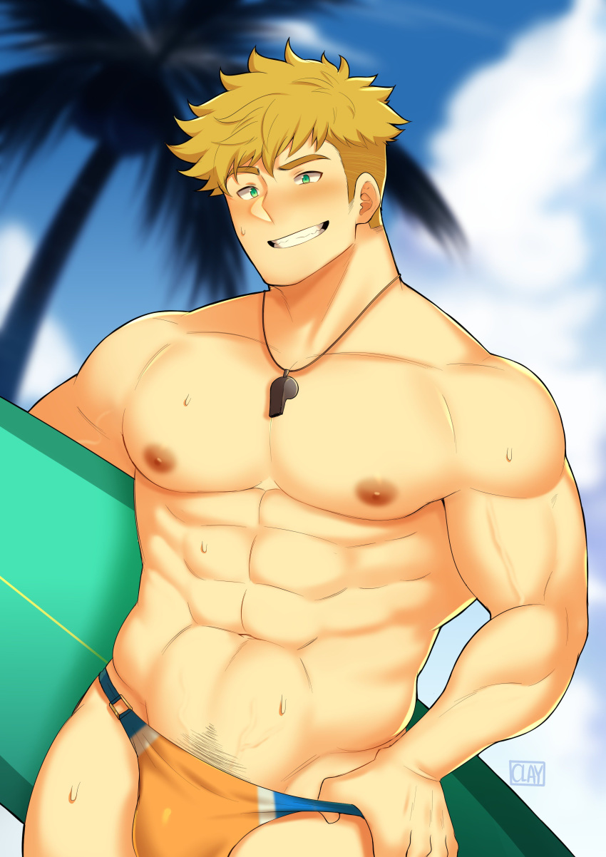 1boy absurdres bangs bara blonde_hair blush bulge chest clayten granblue_fantasy green_eyes highres looking_at_viewer male_focus male_pubic_hair male_swimwear muscle pubic_hair smile solo surfboard swim_briefs swimwear toned toned_male vane_(granblue_fantasy) whistle