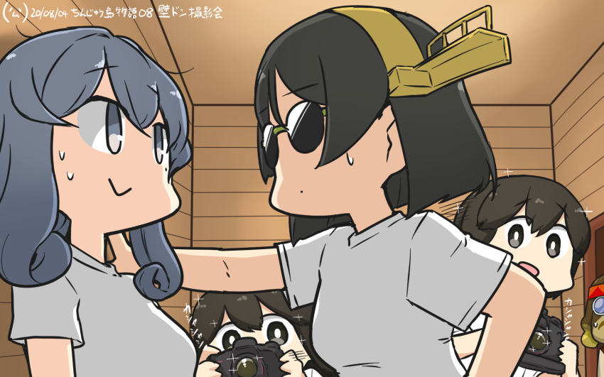 3girls afterimage against_wall alternate_costume black_hair blue_eyes blue_hair camera character_request commentary_request crossover dated doubutsu_no_mori eye_contact gotland_(kantai_collection) hamu_koutarou highres indoors isonami_(kantai_collection) kantai_collection kirishima_(kantai_collection) looking_at_another mole mole_under_eye motion_blur multiple_girls paniel_(doubutsu_no_mori) shirt short_hair sparkle sunglasses t-shirt upper_body wall_slam white_shirt wooden_wall