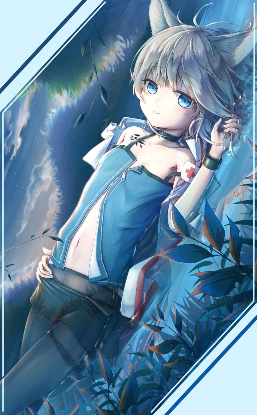 1girl 2019 absurdres akelp animal_ears arknights artist_name bare_shoulders border chinese_commentary close-up closed_mouth cloud cloudy_sky commentary_request eyebrows_visible_through_hair eyelashes flat_chest fox_ears fox_girl highres in_water jacket light_blue_eyes light_smile looking_at_viewer medic navel no_gloves open_mouth ore_lesion_(arknights) outdoors pantyhose plant platinum_blonde_hair red_cross short_hair signature sky smile solo star_(sky) starry_sky sussurro_(arknights) tail tree water white_border white_jacket