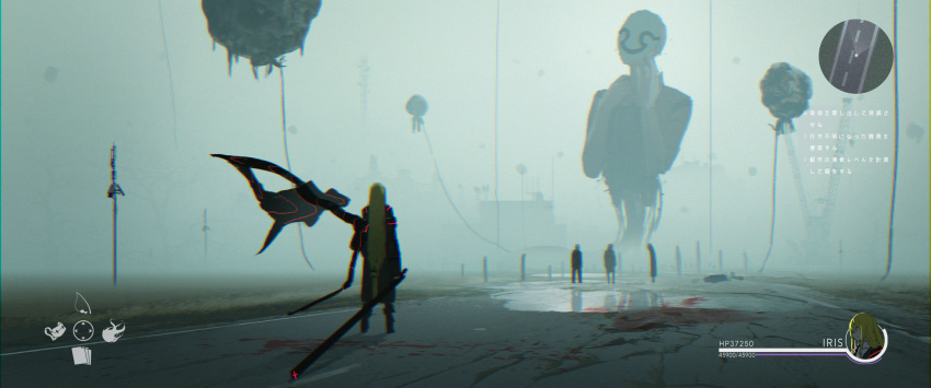 1girl 3others absurdres asteroid_ill blonde_hair cloud cloudy_sky fake_screenshot fog from_behind heads-up_display health_bar highres iris_(asteroid_ill) long_hair minimap multiple_others neon_trim original outdoors ruins scenery sky solo standing translation_request user_interface very_long_hair