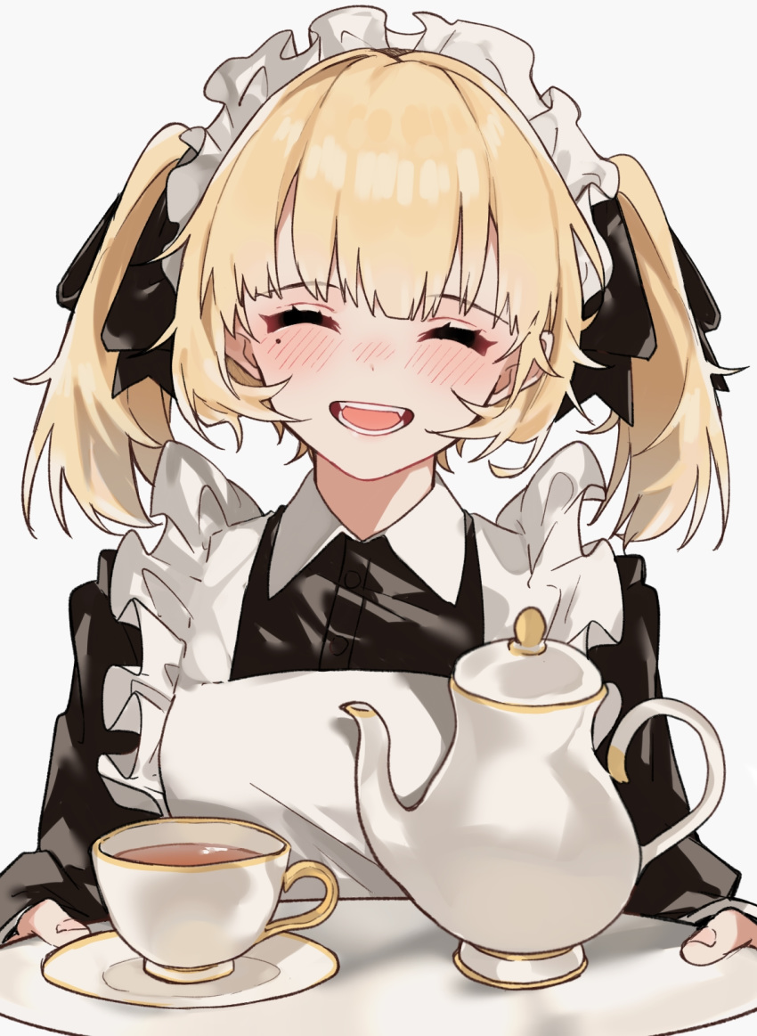 1girl aogisa apron black_dress blonde_hair blush closed_eyes cup dress fangs hair_ribbon highres holding holding_tray long_sleeves maid maid_headdress mole mole_under_eye open_mouth original ribbon saucer solo tea_set teacup teapot tray upper_body white_apron white_background