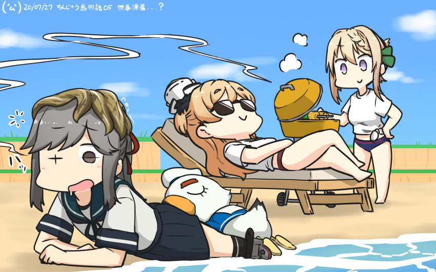 3girls beach bikini bikini_bottom bikini_under_clothes bird black_skirt blonde_hair blue_sailor_collar blue_sky braid braided_bun chair character_name cloud commentary_request dated day doubutsu_no_mori food french_braid grill hamu_koutarou highres johnny_(doubutsu_no_mori) kantai_collection kebab long_hair lounge_chair lying multiple_girls on_stomach outdoors perth_(kantai_collection) pleated_skirt purple_eyes sailor_collar school_uniform seagull seaweed serafuku shirt short_hair skirt sky sunglasses swimsuit swimsuit_under_clothes tied_shirt usugumo_(kantai_collection) wavy_hair white_shirt zara_(kantai_collection)