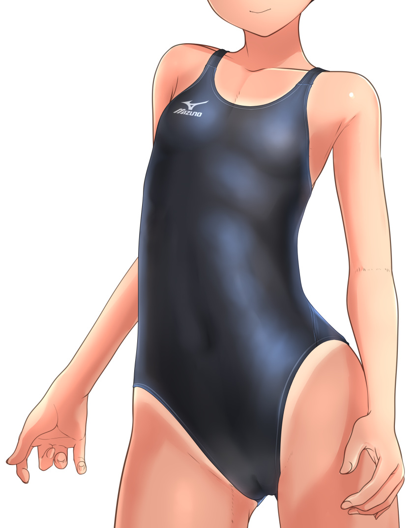 1girl black_eyes black_hair black_swimsuit breasts cameltoe collarbone competition_swimsuit cowboy_shot head_out_of_frame highleg highleg_swimsuit highres looking_at_viewer mizuno one-piece_swimsuit one-piece_tan original short_hair small_breasts solo swimsuit takafumi tan tanline