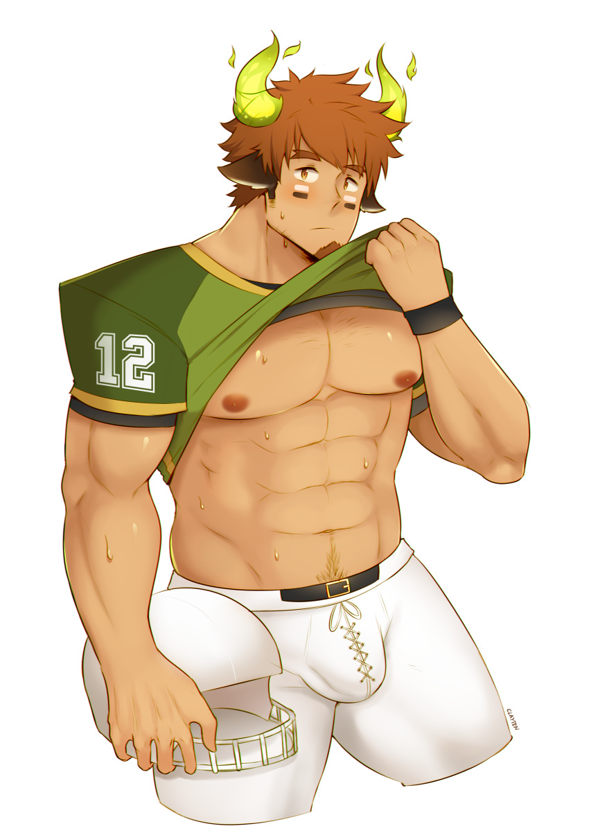 1boy absurdres animal_ears bangs bara beard blush brown_hair bulge chest clayten facial_hair forked_eyebrows glowing_horns highres horns impossible_clothes looking_at_viewer male_focus muscle native_american pectorals shirt_pull solo sportswear thick_eyebrows tokyo_houkago_summoners upper_body wakan_tanka