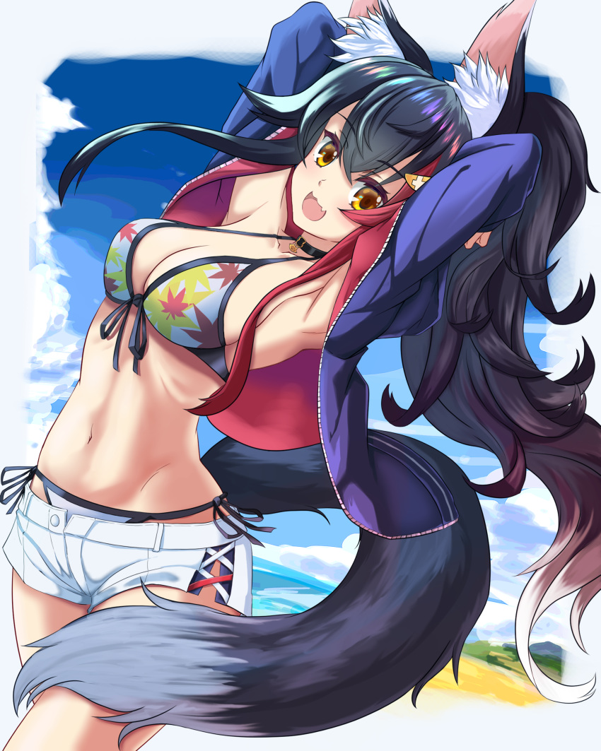 1girl :d absurdres animal_ear_fluff animal_ears bikini black_hair breasts fang highlights highres hololive hood hood_down hoodie large_breasts long_hair long_sleeves looking_at_viewer multicolored_hair ookami_mio open_clothes open_hoodie open_mouth ponytail red_hair risian short_shorts shorts skin_fang smile swimsuit tail unzipped very_long_hair virtual_youtuber white_hair wolf_ears wolf_girl wolf_tail yellow_eyes zipper