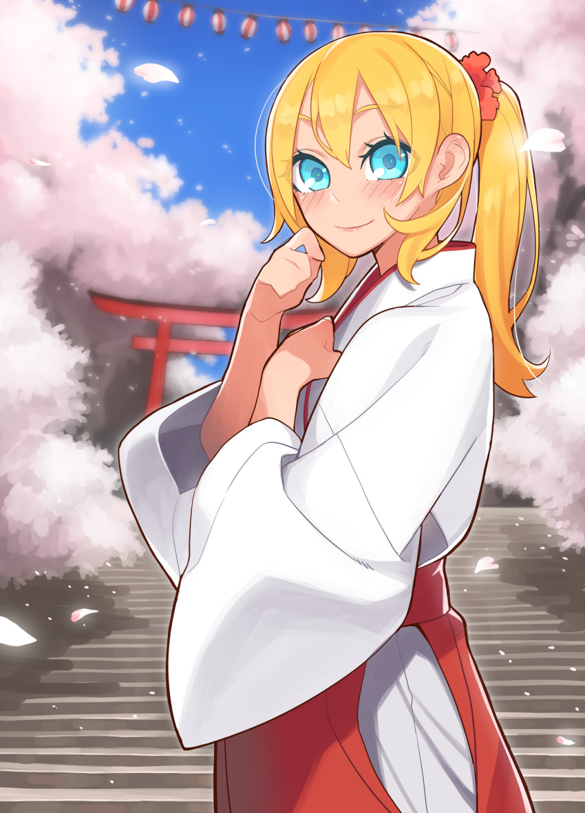 1girl blonde_hair blue_eyes blue_sky blush cherry_blossoms hidarikiki highres japanese_clothes lantern long_hair looking_at_viewer miko original outdoors petals ponytail scrunchie sky solo stairs torii