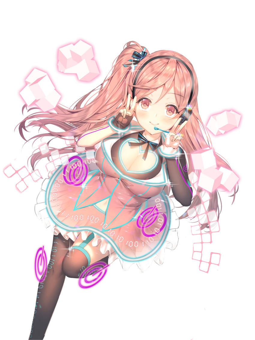 1girl absurdres aile_(crossroads) binary black_ribbon breasts cleavage dress earphones garam_(soccer_spirits) heart highres hologram looking_at_viewer navel_cutout official_art pink_eyes pink_hair prism resized ribbon soccer_spirits stream striped striped_ribbon thighhighs upscaled v virtual_youtuber