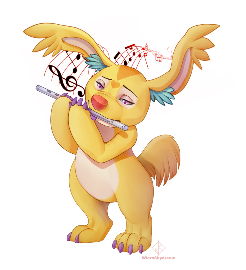 &lt;3_marking 2020 4_toes 5_fingers alien blue_inner_ear_fluff blue_sclera bragg_(stitch!) claws disney experiment_(lilo_and_stitch) fingers flute fur hi_res holding_musical_instrument holding_object inner_ear_fluff lilo_and_stitch musical_instrument musical_note playing_music purple_claws purple_eyes red_nose simple_background soft_shading solo standing stitch! toe_claws toes treble_clef tuft white_background wieraskydream wind_instrument woodwind_instrument yellow_body yellow_fur