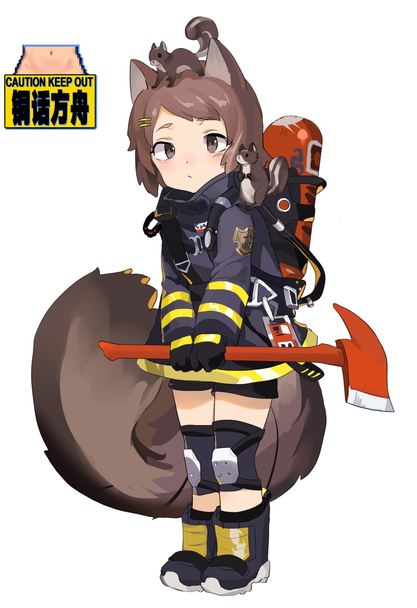 1girl absurdres animal_ears animal_ears_helmet animal_on_head animal_on_shoulder arknights axe black_gloves black_jacket black_shorts brown_eyes brown_hair child fire_axe fire_extinguisher fire_jacket firefighter flat_chest full_body gloves hair_ornament hairclip highres holding holding_axe jacket knee_pads long_sleeves moyamoya_(moya11158375) on_head shaw_(arknights) shorts sign simple_background solo squirrel squirrel_girl squirrel_tail standing tail warning_sign white_background younger