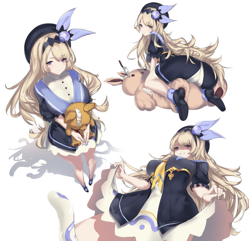 1girl absurdres ass between_breasts black_headwear blonde_hair blush breasts closed_mouth dragalia_lost dress evil_grin evil_smile eyebrows_visible_through_hair eyes_visible_through_hair fingernails grin hairband hat highres holding holding_stuffed_animal holding_stuffed_toy knife large_breasts lathna lifted_by_self long_hair necktie necktie_between_breasts neckwear_between_breasts purple_eyes shaded_face shadow simple_background slime smile solo standing stuffed_animal stuffed_toy wet white_background xeirn yellow_neckwear