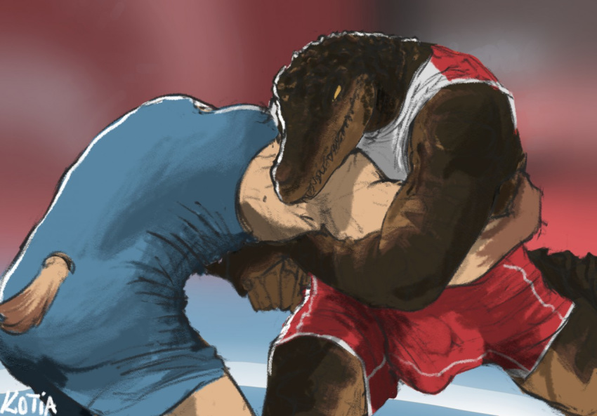 ambiguous_species anthro biceps big_muscles blurred_background bulge chokehold clothed clothing crocodile crocodilian crocodylid duo fighting_ring fingers fur kotia male male/male muscular muscular_anthro muscular_male reptile scalie smile standing wrestler wrestling wrestling_match wrestling_singlet