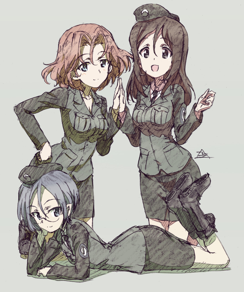 3girls azumi_(girls_und_panzer) beret black_eyes black_footwear blue_eyes blue_hair boots breasts brown_hair emblem full_body girls_und_panzer green_headwear green_jacket green_skirt grey_background hat highres jacket japanese_tankery_league_(emblem) kneeling long_hair looking_at_viewer lying medium_breasts medium_hair megumi_(girls_und_panzer) multiple_girls on_stomach pencil_skirt red_hair robinsonk9999 rumi_(girls_und_panzer) short_hair signature skirt smile